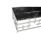Black Marble Top Coffee Table with Silver Finish Geometric Stainless Steel Base | Aprilia