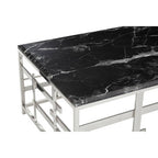 Black Marble Top Coffee Table with Silver Finish Geometric Stainless Steel Base | Aprilia