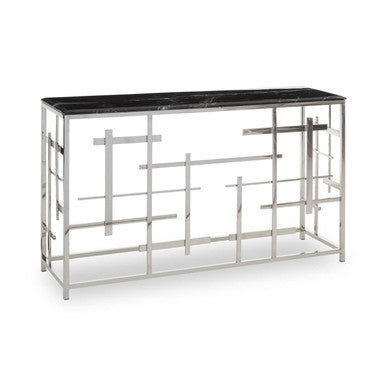 Black Marble Top Console Table with Silver Finish Geometric Stainless Steel Base | Aprilia