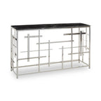 Black Marble Top Console Table with Silver Finish Geometric Stainless Steel Base | Aprilia