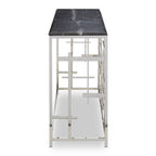 Black Marble Top Console Table with Silver Finish Geometric Stainless Steel Base | Aprilia