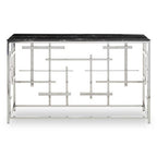 Black Marble Top Console Table with Silver Finish Geometric Stainless Steel Base | Aprilia