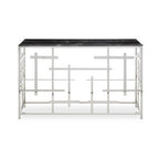 Black Marble Top Console Table with Silver Finish Geometric Stainless Steel Base | Aprilia