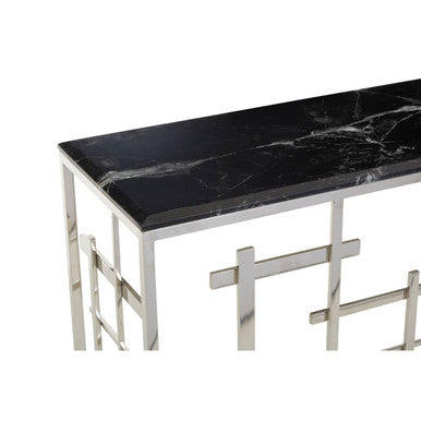 Black Marble Top Console Table with Silver Finish Geometric Stainless Steel Base | Aprilia
