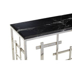 Black Marble Top Console Table with Silver Finish Geometric Stainless Steel Base | Aprilia