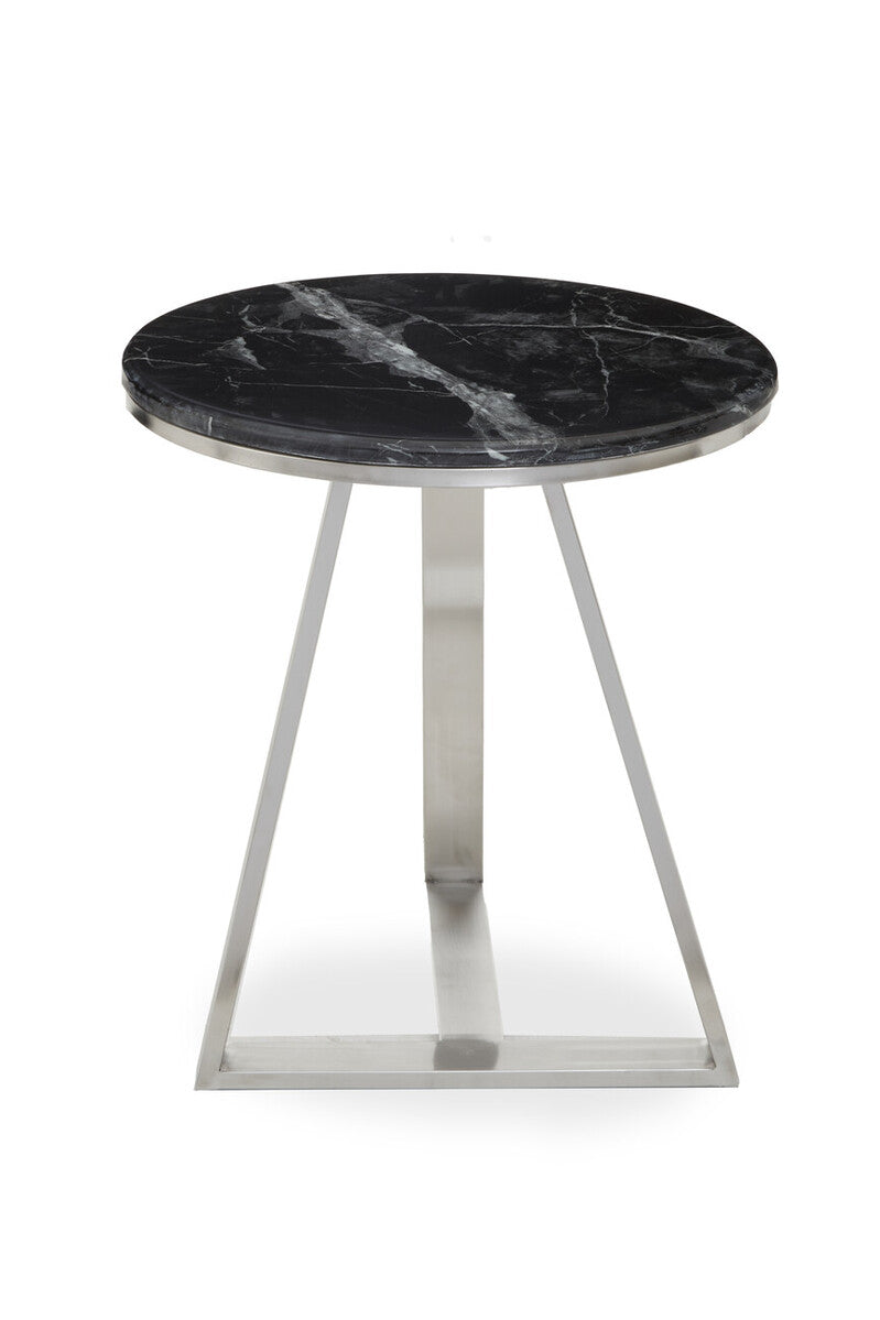 Silver Finish Frame Side Table with Round Black Marble Top | Alvaro