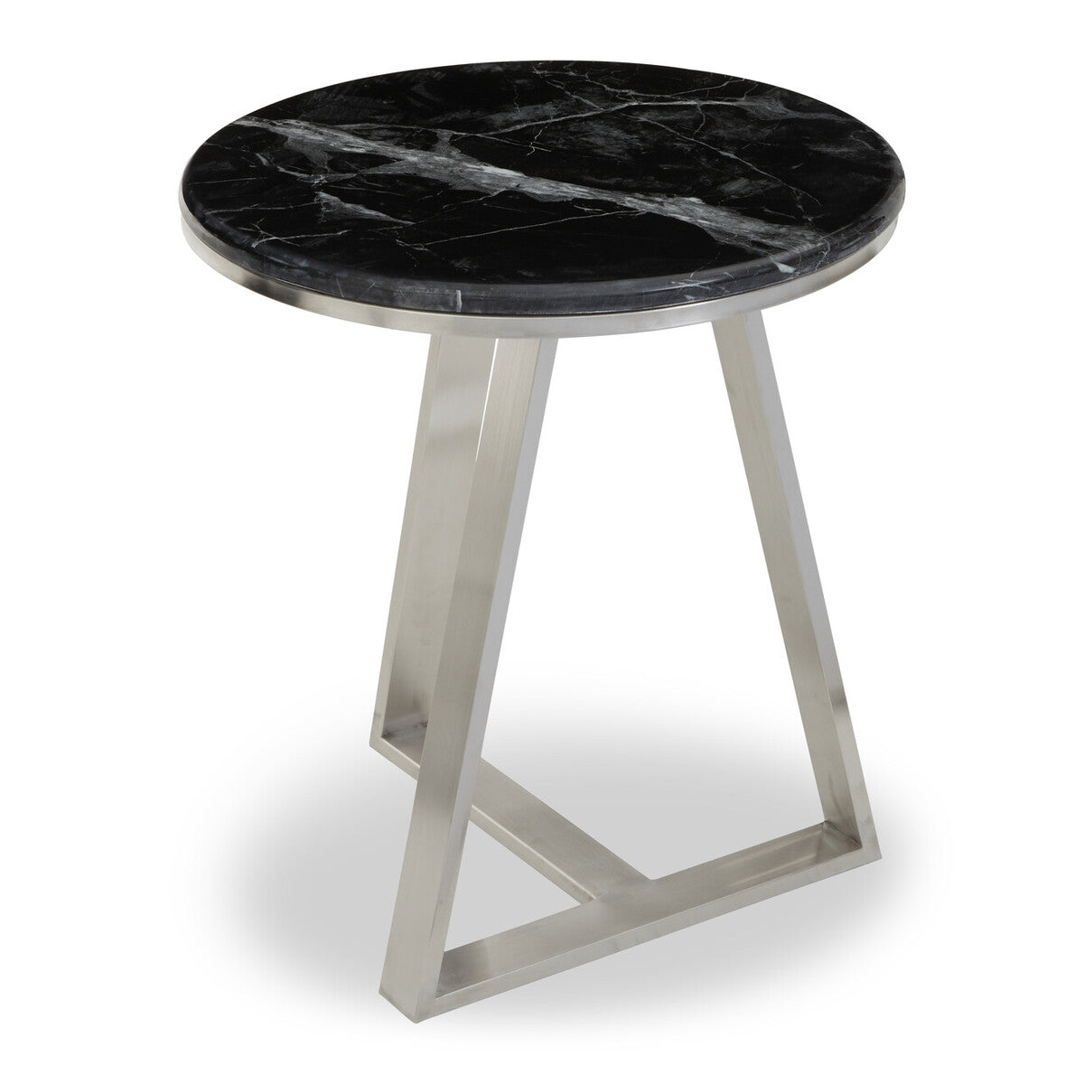 Silver Finish Frame Side Table with Round Black Marble Top | Alvaro
