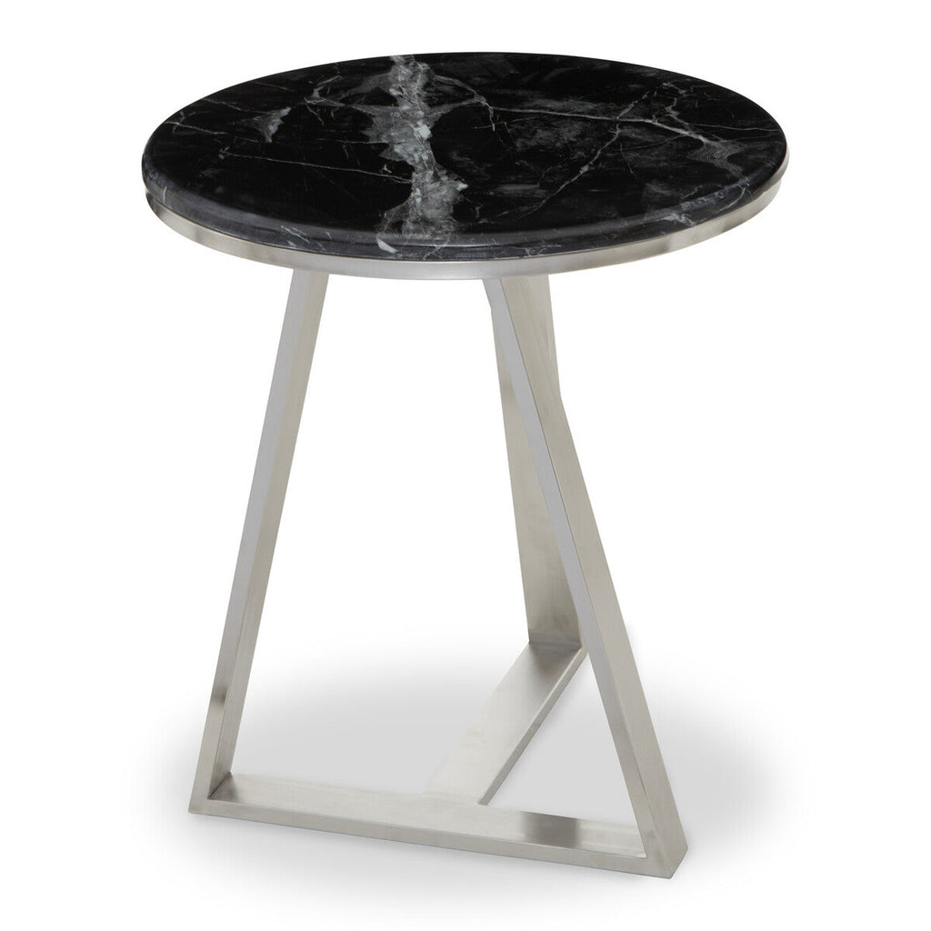 Silver Finish Frame Side Table with Round Black Marble Top | Alvaro