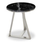 Silver Finish Frame Side Table with Round Black Marble Top | Alvaro