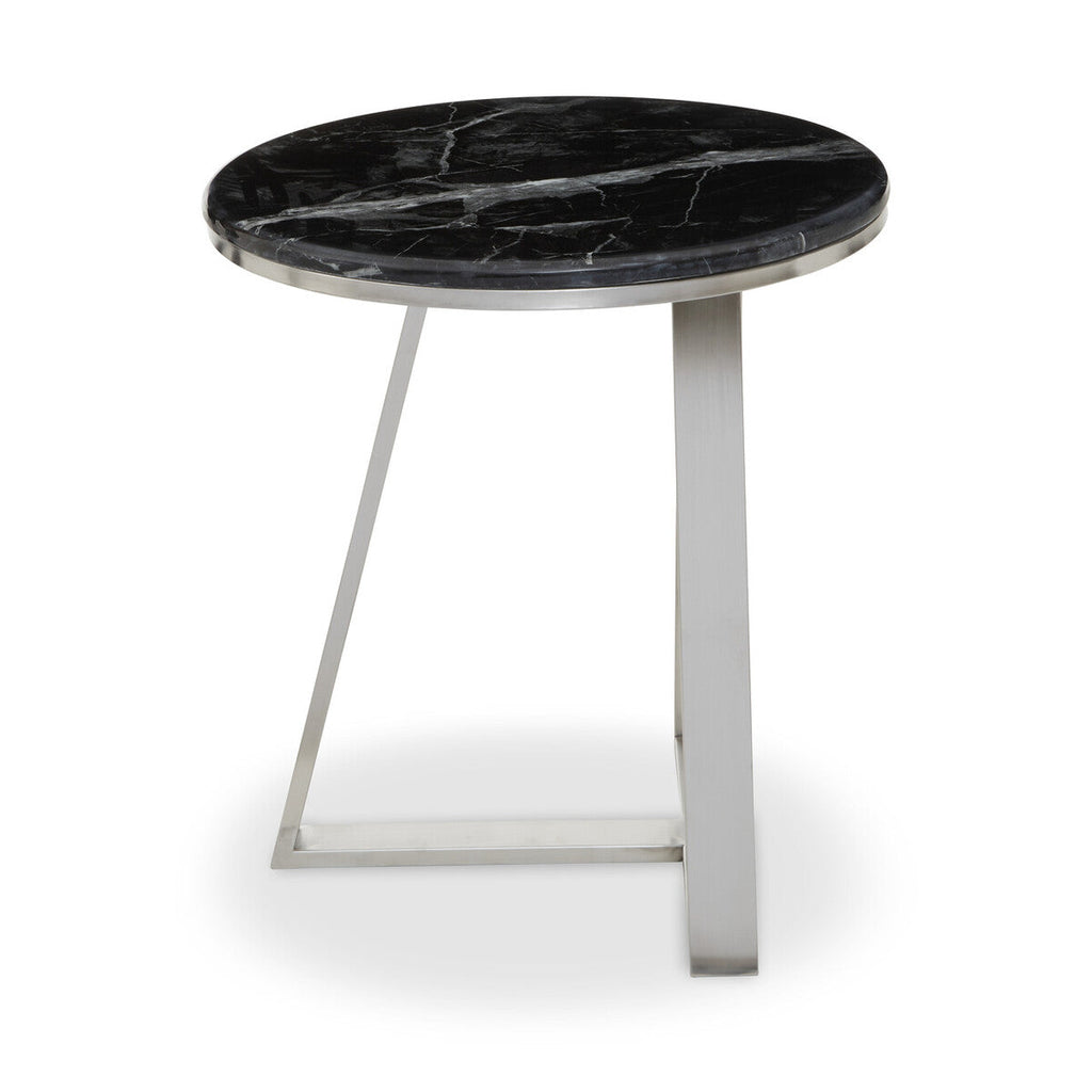 Silver Finish Frame Side Table with Round Black Marble Top | Alvaro
