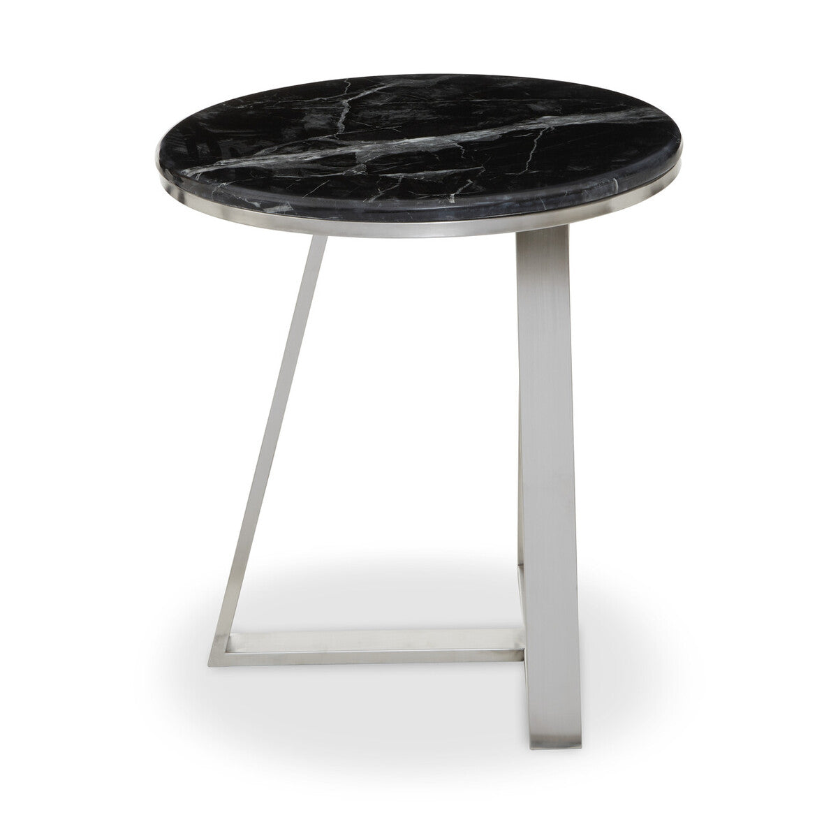 Silver Finish Frame Side Table with Round Black Marble Top | Alvaro