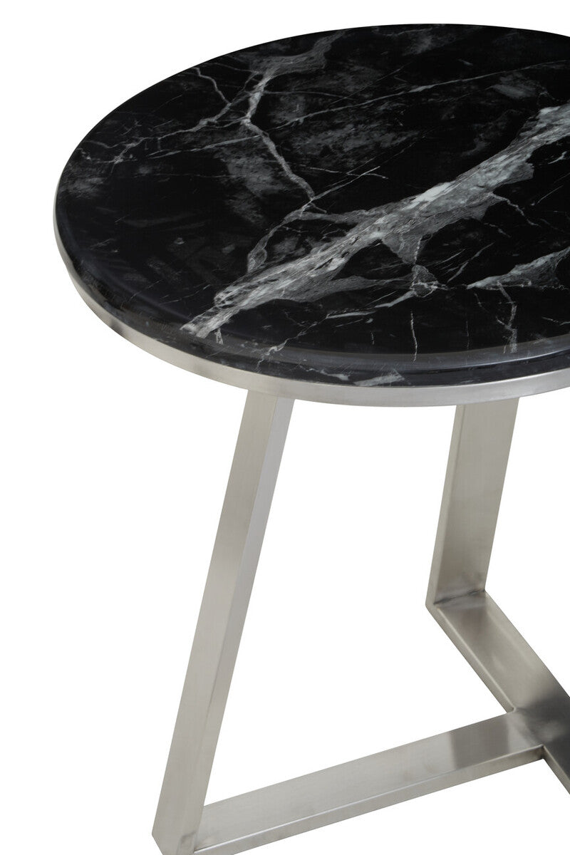 Silver Finish Frame Side Table with Round Black Marble Top | Alvaro