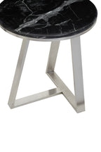 Silver Finish Frame Side Table with Round Black Marble Top | Alvaro