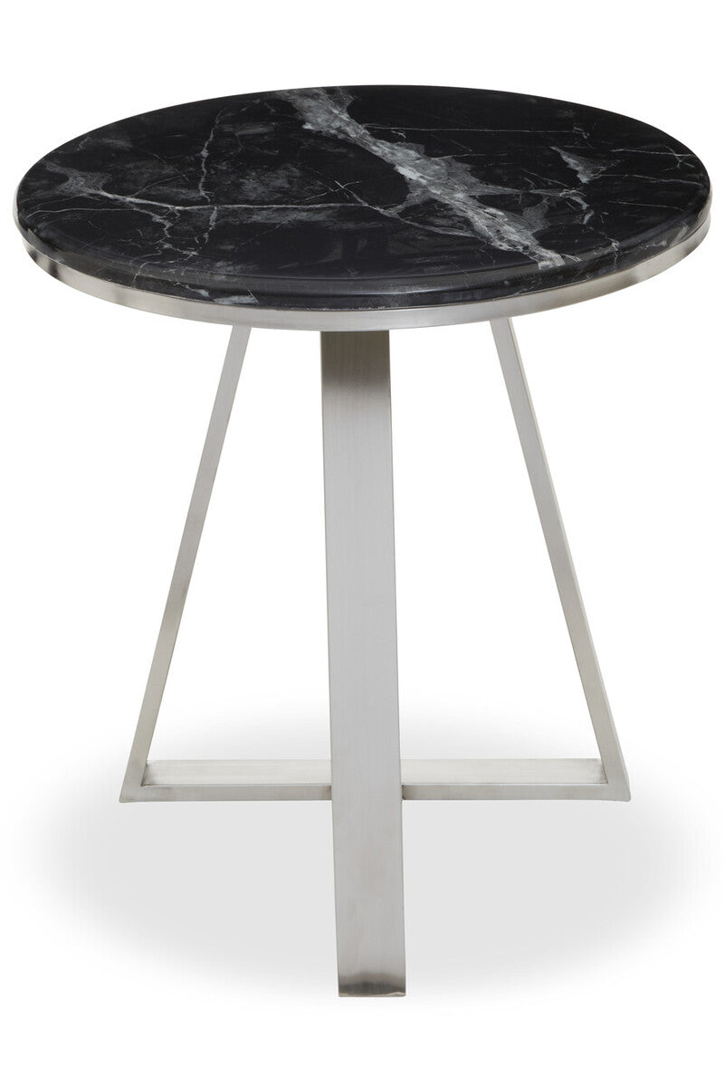 Silver Finish Frame Side Table with Round Black Marble Top | Alvaro