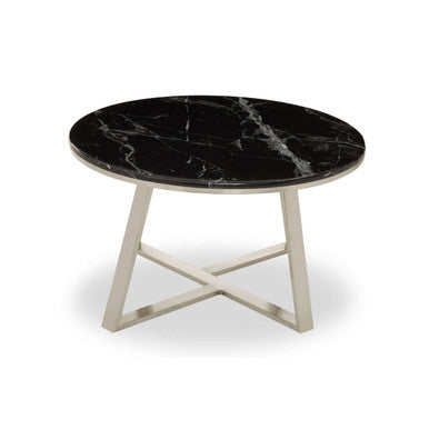 Silver Finish Frame Coffee Table with Round Black Marble Top | Alvaro