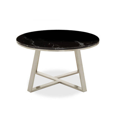 Silver Finish Frame Coffee Table with Round Black Marble Top | Alvaro
