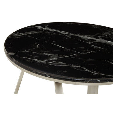 Silver Finish Frame Coffee Table with Round Black Marble Top | Alvaro