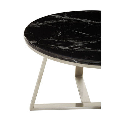 Silver Finish Frame Coffee Table with Round Black Marble Top | Alvaro