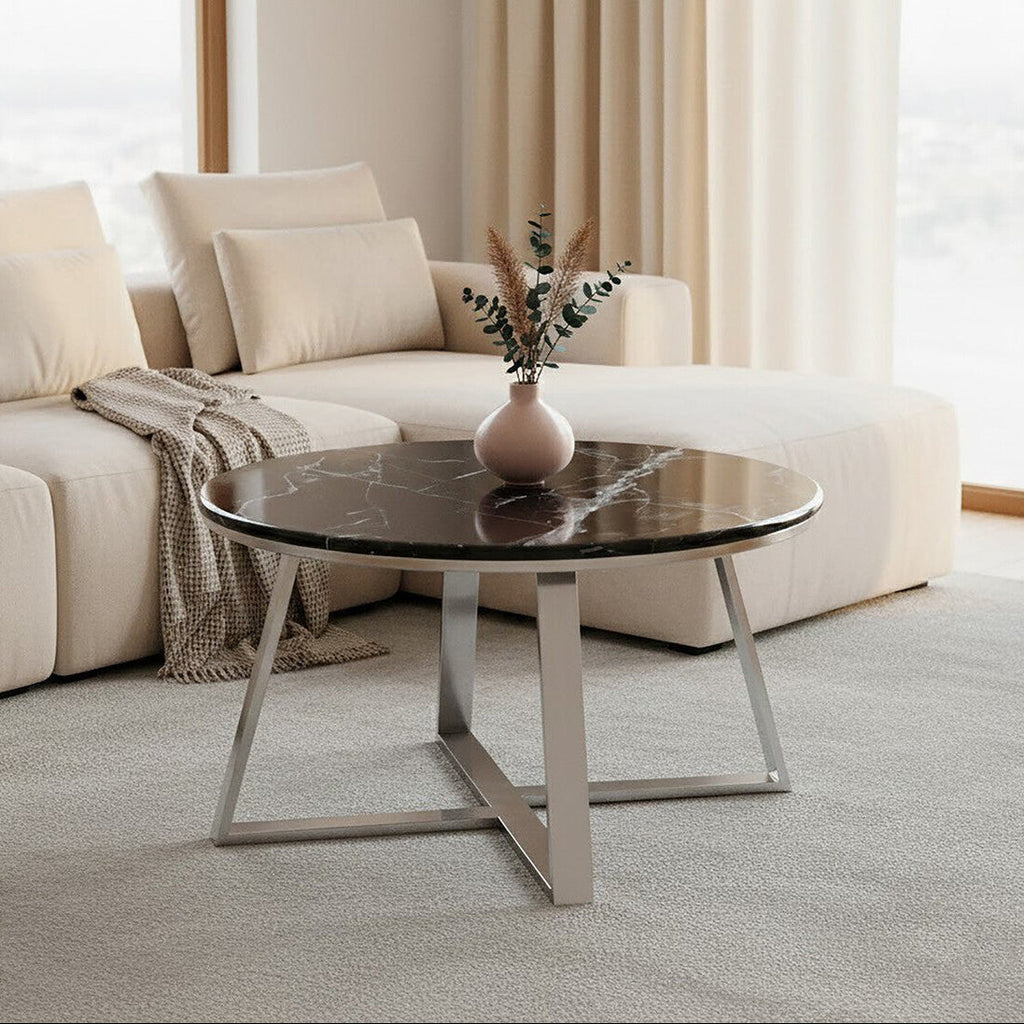 Silver Finish Frame Coffee Table with Round Black Marble Top | Alvaro