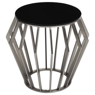 Silver Base Round Side Table with Black Glass Top | Ackley