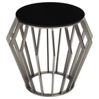 Silver Base Round Side Table with Black Glass Top | Ackley