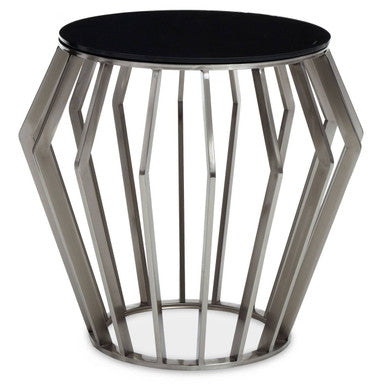 Silver Base Round Side Table with Black Glass Top | Ackley