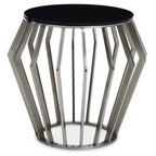Silver Base Round Side Table with Black Glass Top | Ackley
