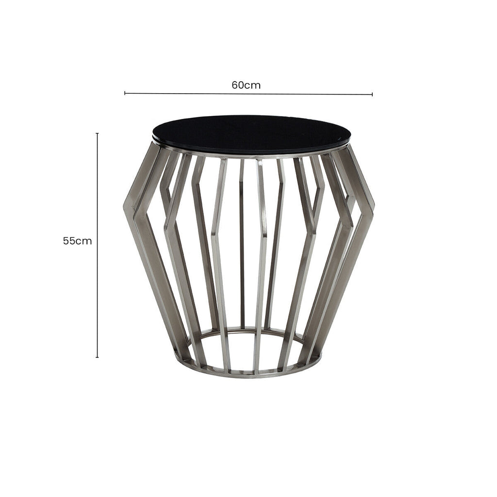 Silver Base Round Side Table with Black Glass Top | Ackley