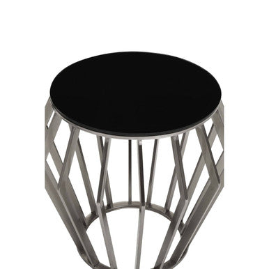 Silver Base Round Side Table with Black Glass Top | Ackley