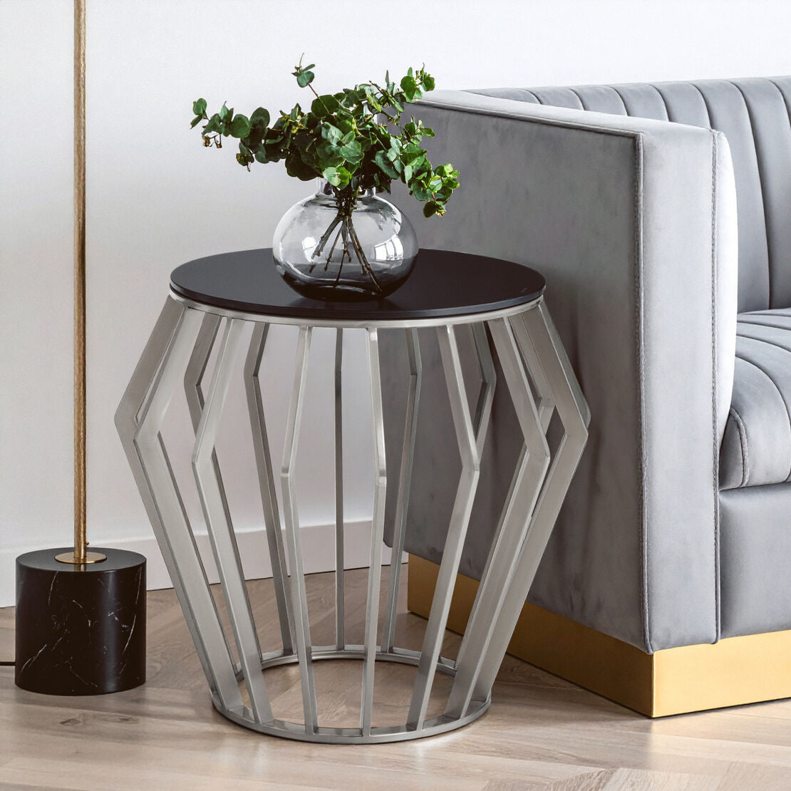 Silver Base Round Side Table with Black Glass Top | Ackley