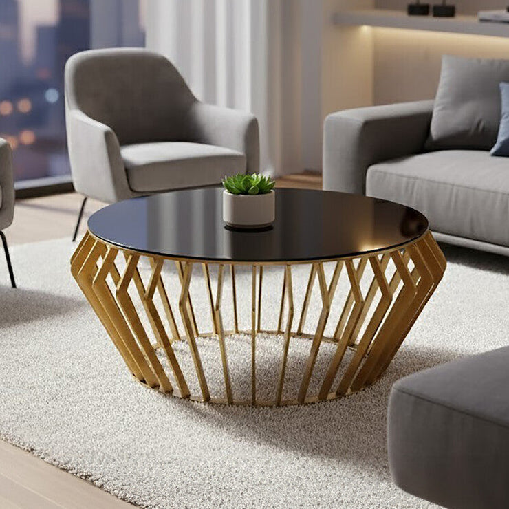 Gold Base Round Coffee Table with Black Glass Top | Ackley