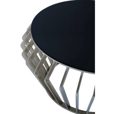 Silver Base Round Coffee Table with Black Glass Top | Ackley