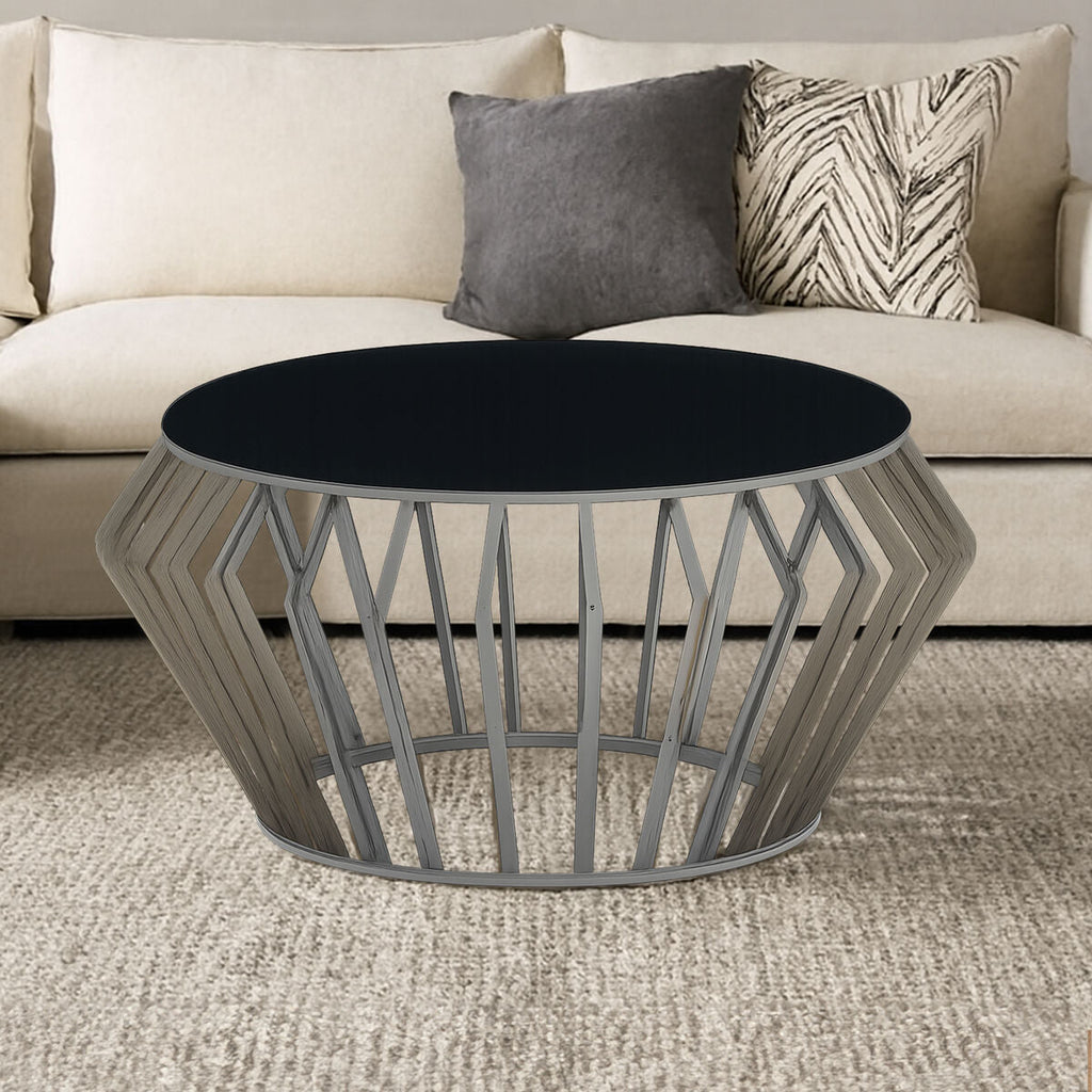 Silver Base Round Coffee Table with Black Glass Top | Ackley