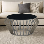 Silver Base Round Coffee Table with Black Glass Top | Ackley