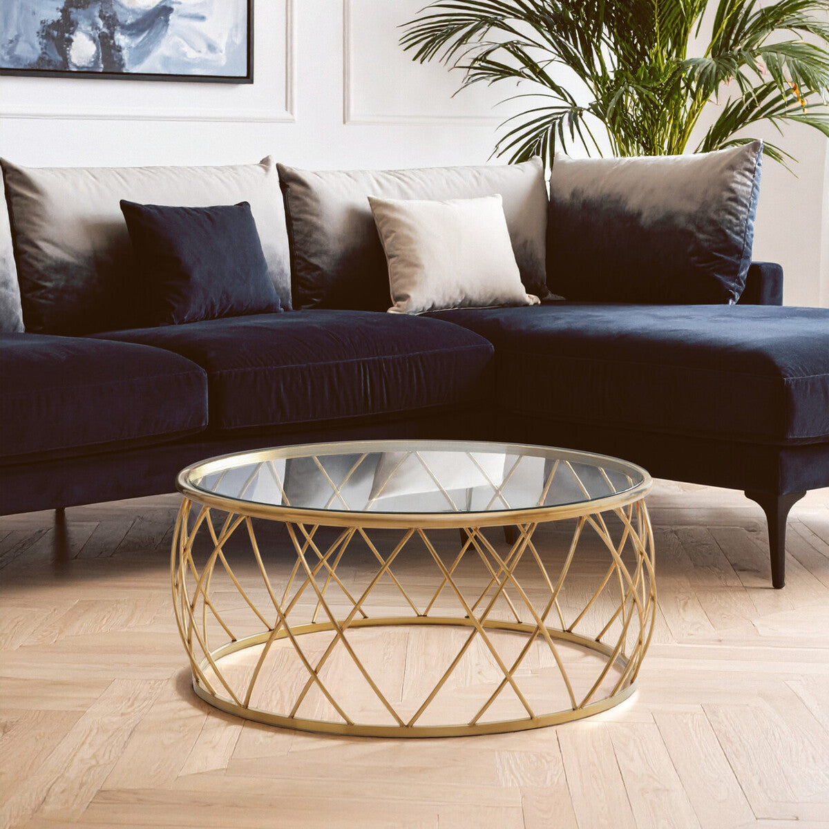 Gold Base Round Coffee Table with Clear Glass Top | Ackley