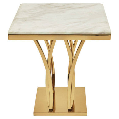 White Marble Top Side Table with Gold Sculptural Metal Base | Arenza