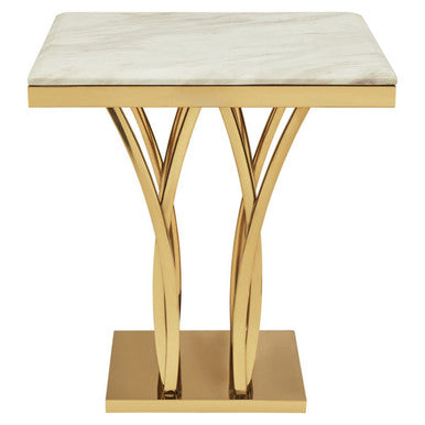 White Marble Top Side Table with Gold Sculptural Metal Base | Arenza