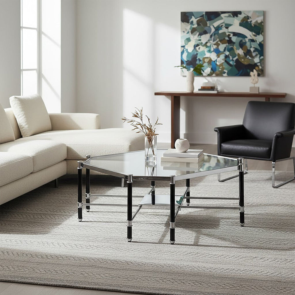 Silver and Black Metal Coffee Table with Clear Tempered Glass Top | Allessi