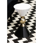 Gold and Black Metal Angular Side Table with White and Black Top and Rounded Base | Martini