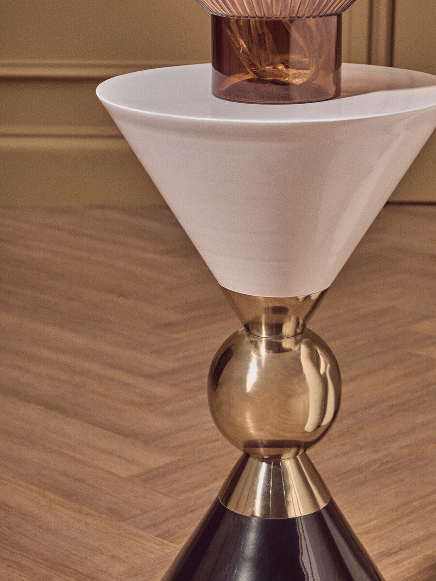 Gold and Black Metal Angular Side Table with White and Black Top and Rounded Base | Martini