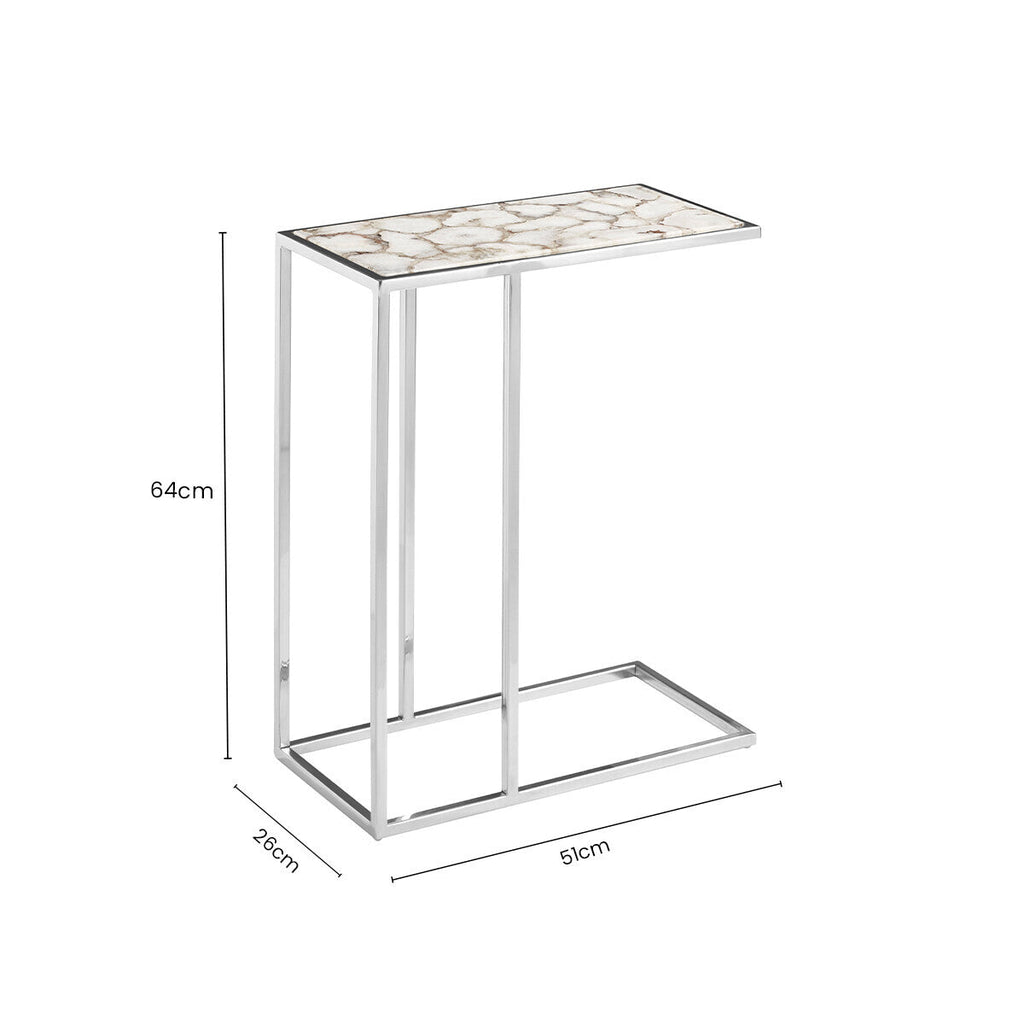 White and Silver Finish Semi-Precious Agate Side Table with Banded Pattern, Vita