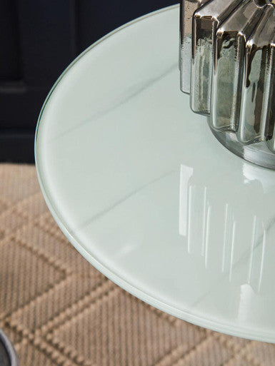 Silver Open Circular Base End Table with White Marble Effect Top | Oria