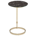 Gold Open Circular Base End Table with Black Marble Effect Glass Top | Oria