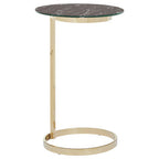 Gold Open Circular Base End Table with Black Marble Effect Glass Top | Oria