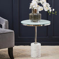 Silver Frame T-Shape End Table with White Marble Top, Oria