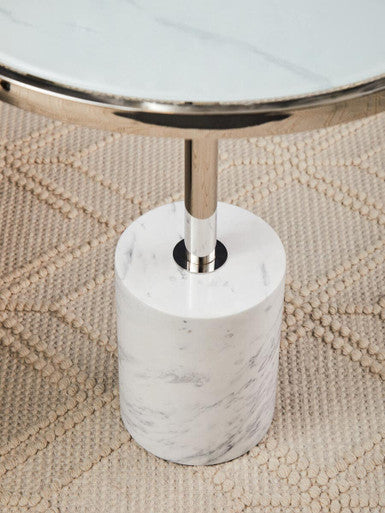 Silver Frame T-Shape End Table with White Marble Top, Oria
