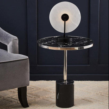 Silver Frame T-Shape End Table with Black Marble Top, Oria