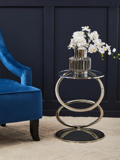 Silver Finish Rings Shaped Base End Table with Clear Glass Top | Oria