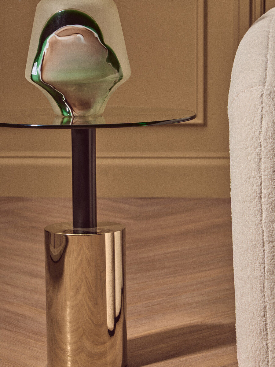 Black and Gold Powder-Coated T-Shape End Table with Clear Glass Top, Oria