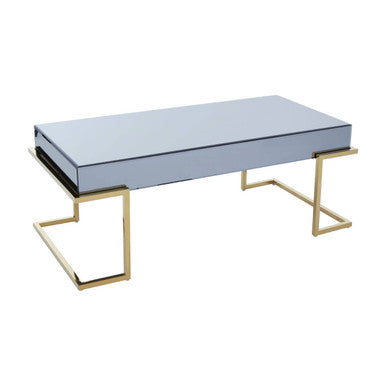 Grey Mirrored Top Coffee Table with Gold Finish Stainless Steel Sledge Base, Kaso